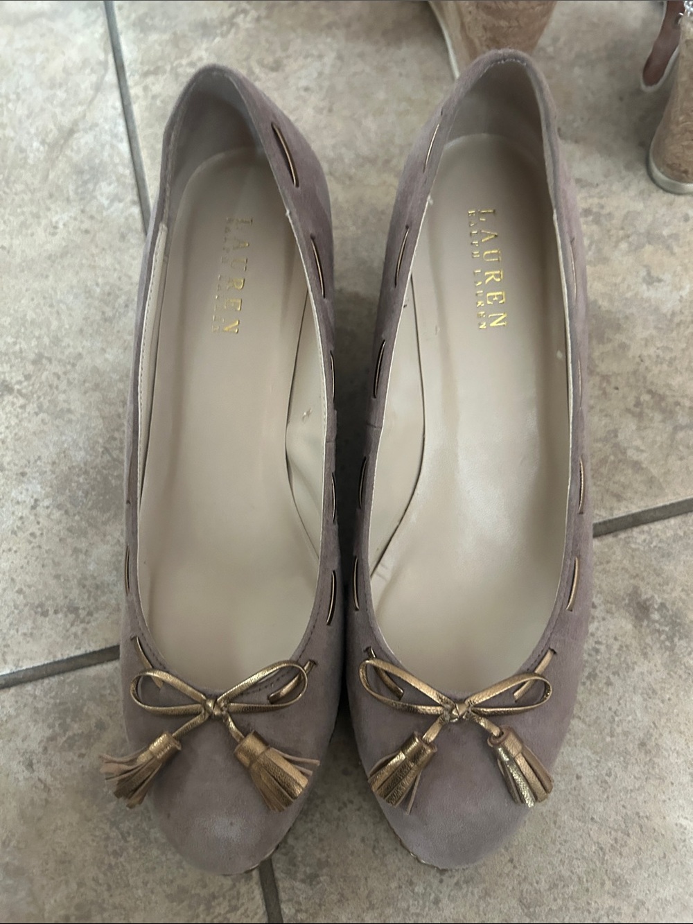 Ralph Lauren Taupe Suede Tassel Wedge Pumps